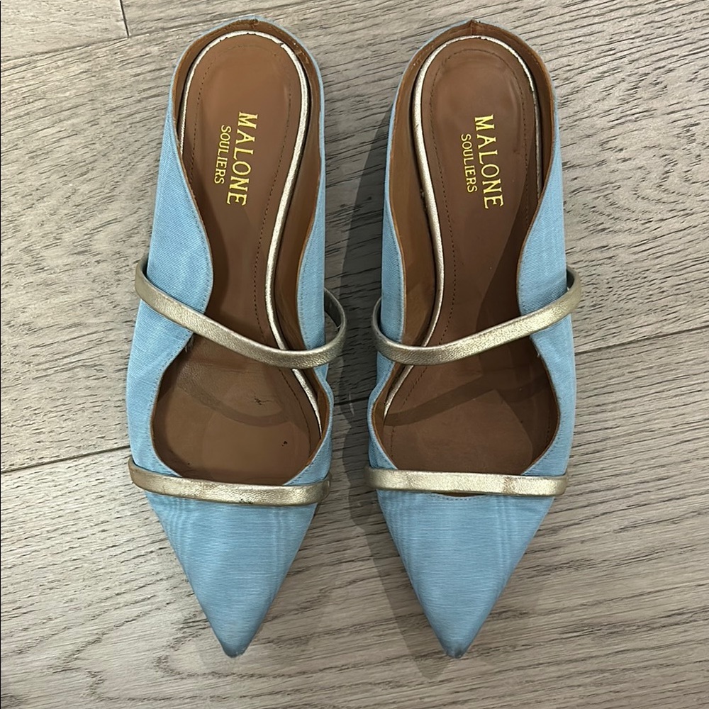 Malone Souliers Blue and Gold Mules with Pointed Toe and Soft Fabric